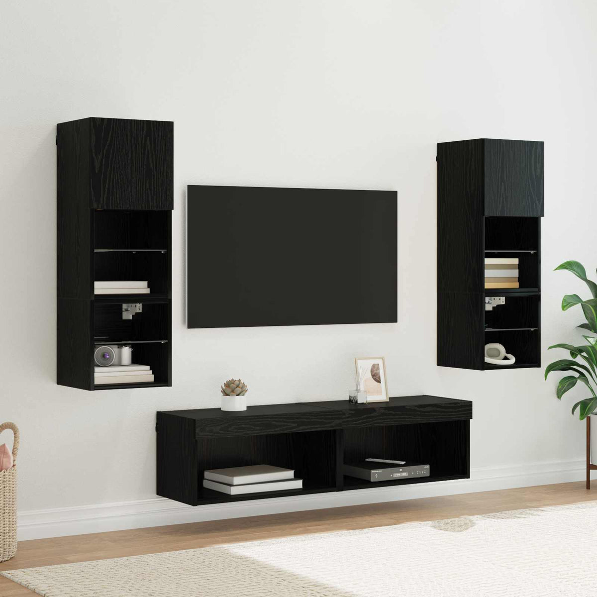 6 Piece TV Wall Units with LED Engineered Wood Black oak