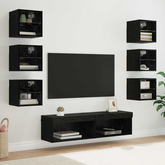 8 Piece TV Wall Units with LED Engineered Wood Black oak