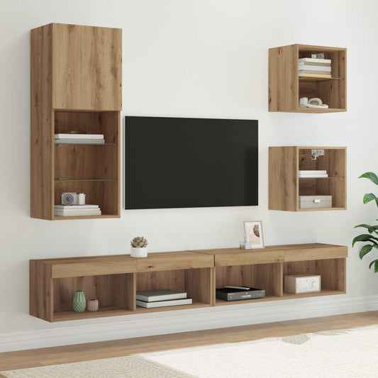 5 Piece TV Wall Units with LED Engineered Wood Artisan oak