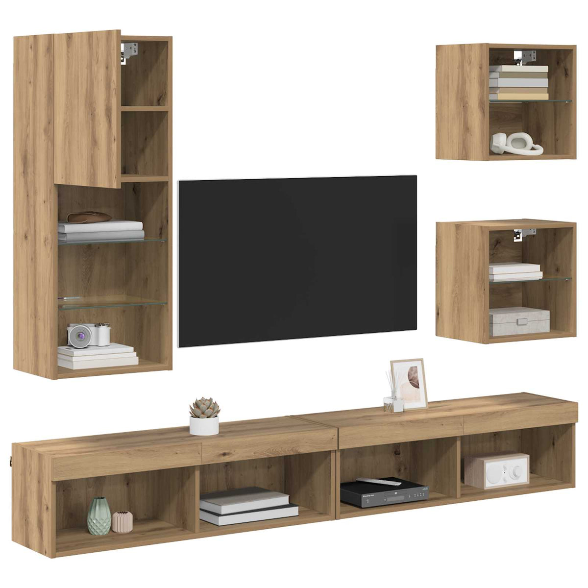 5 Piece TV Wall Units with LED Engineered Wood Artisan oak