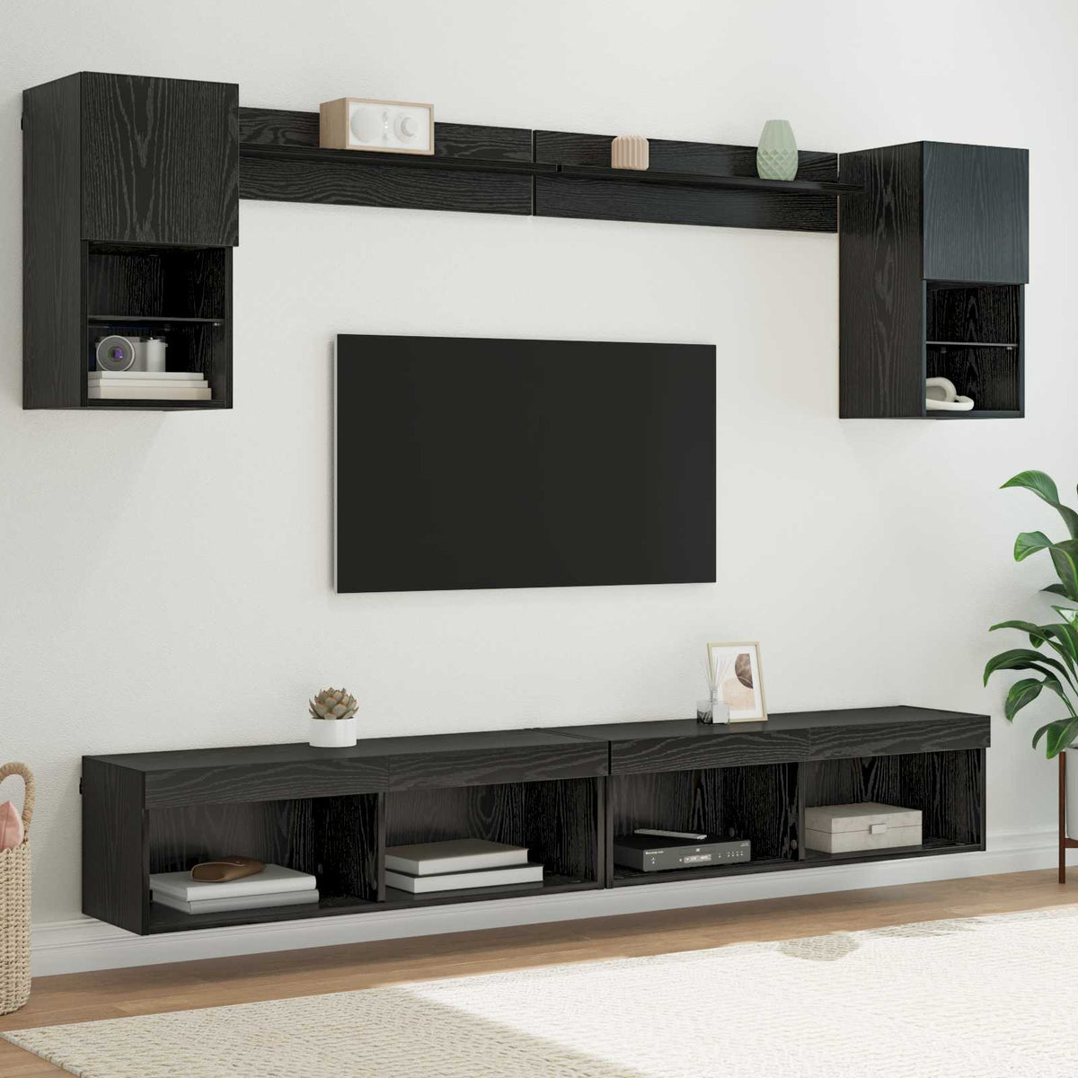 6 Piece TV Wall Units with LED Engineered Wood Black oak
