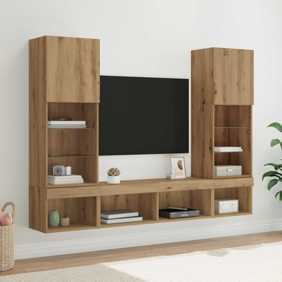 5 Piece TV Wall Units with LED Engineered Wood Artisan oak