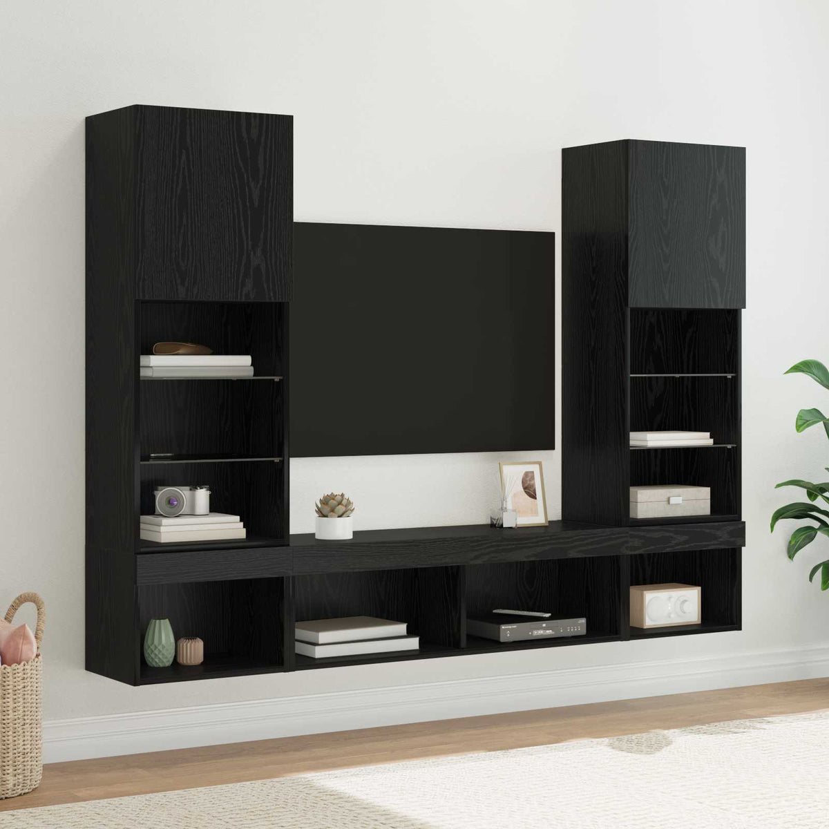 5 Piece TV Wall Units with LED Engineered Wood Black oak