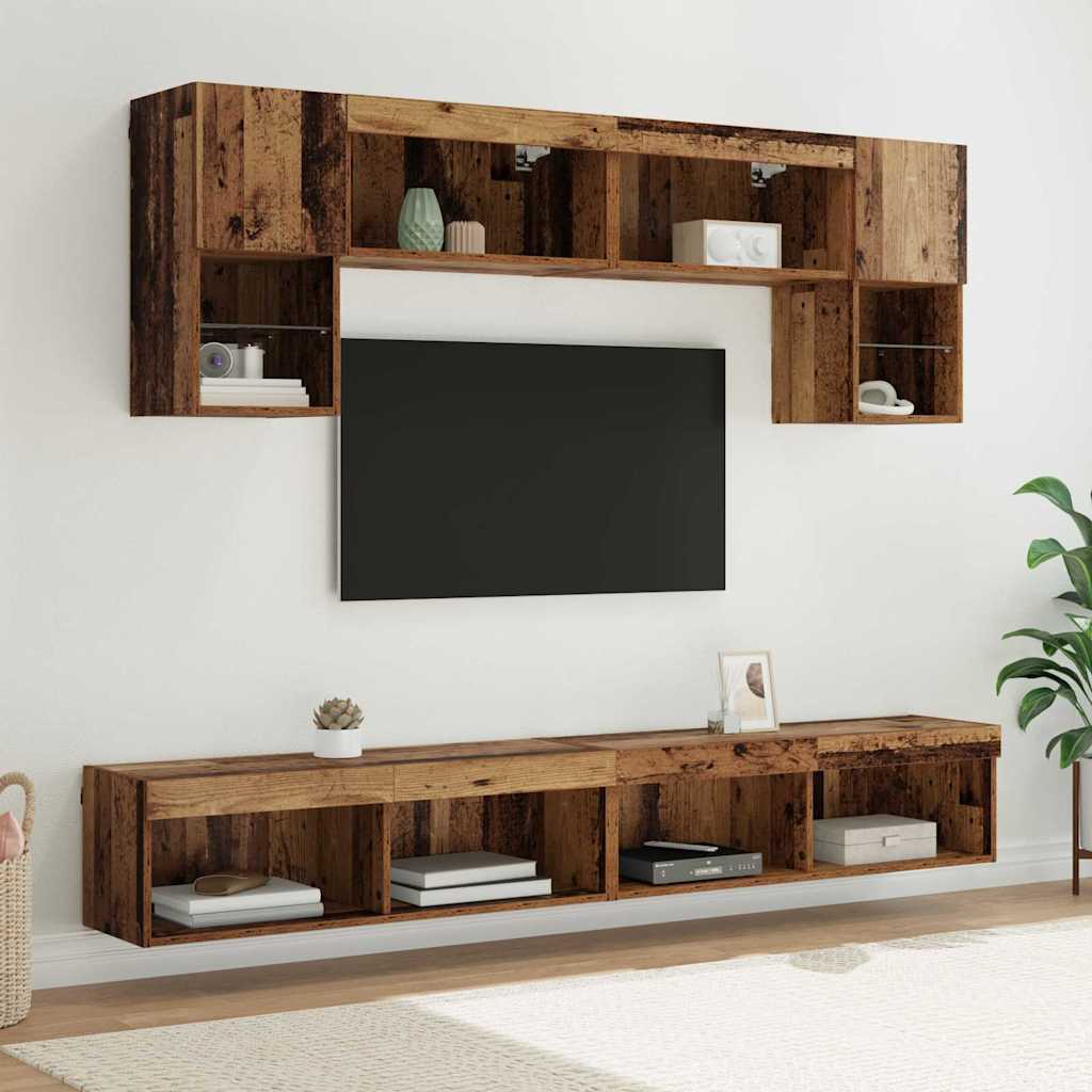 6 Piece TV Wall Units with LED Engineered Wood Old wood