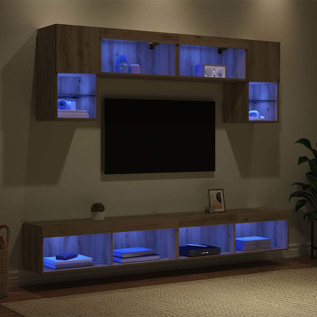 6 Piece TV Wall Units with LED Engineered Wood Artisan oak