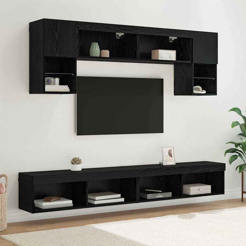 6 Piece TV Wall Units with LED Engineered Wood Black oak