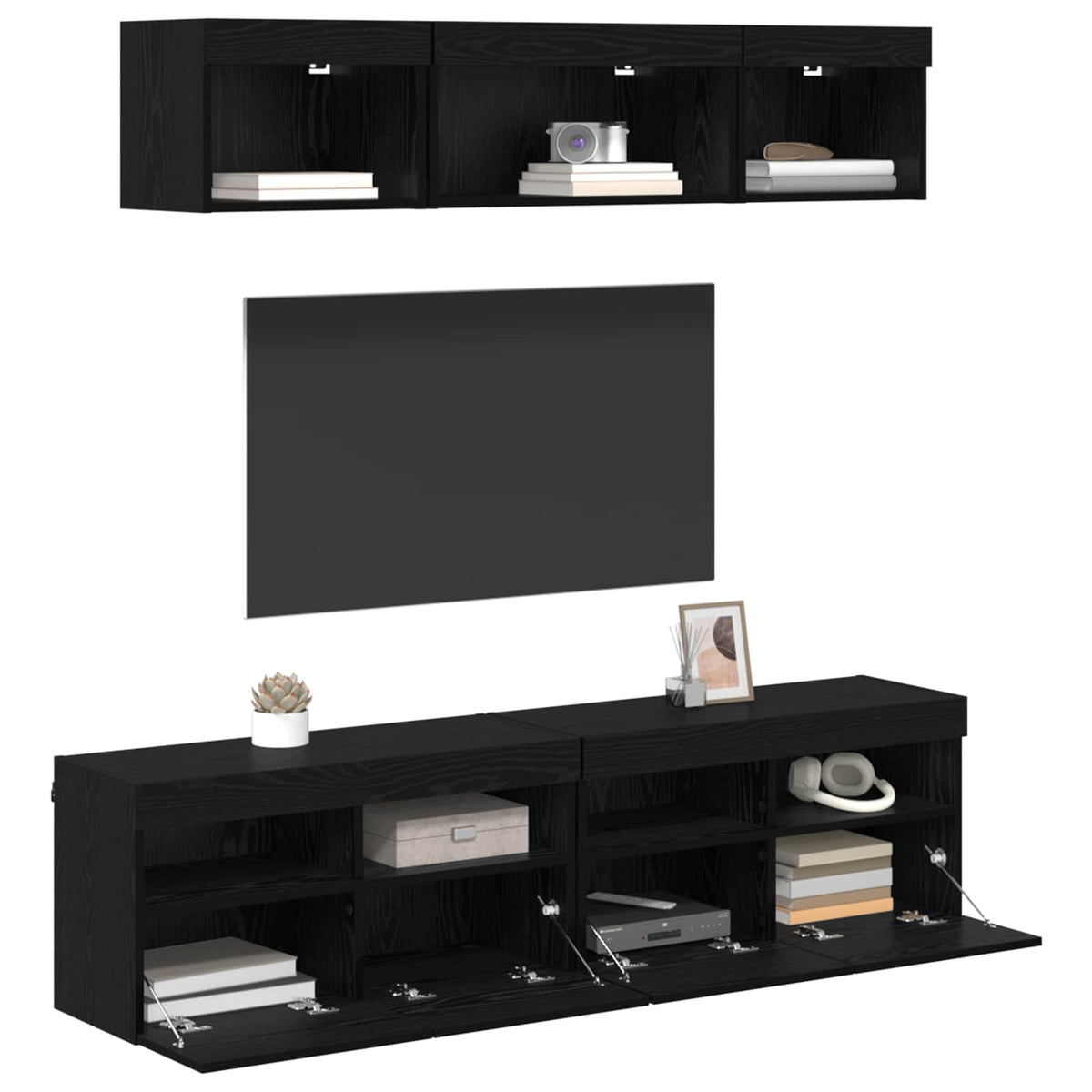 5 Piece TV Wall Units with LED Engineered Wood Black oak