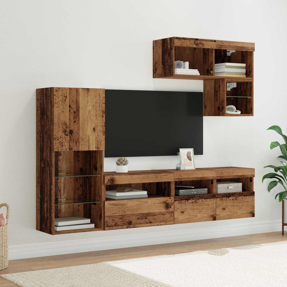 6 Piece TV Wall Units with LED Engineered Wood Old wood