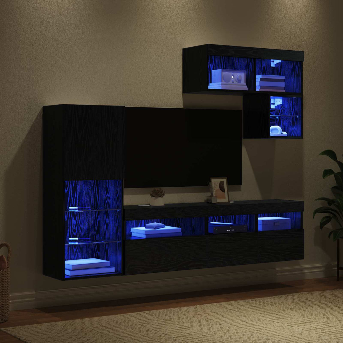 6 Piece TV Wall Units with LED Engineered Wood Black oak