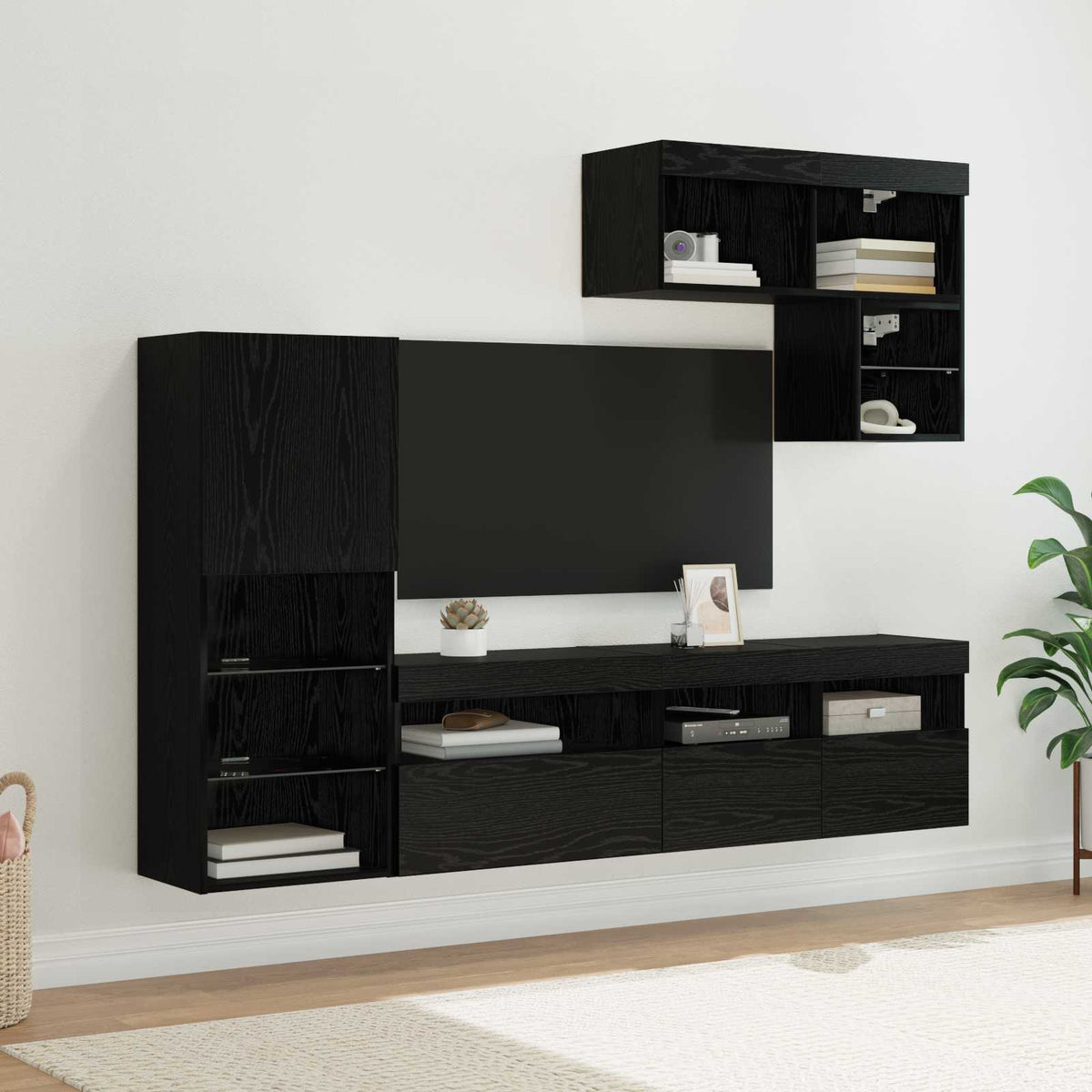 6 Piece TV Wall Units with LED Engineered Wood Black oak