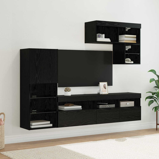 6 Piece TV Wall Units with LED Engineered Wood Black oak