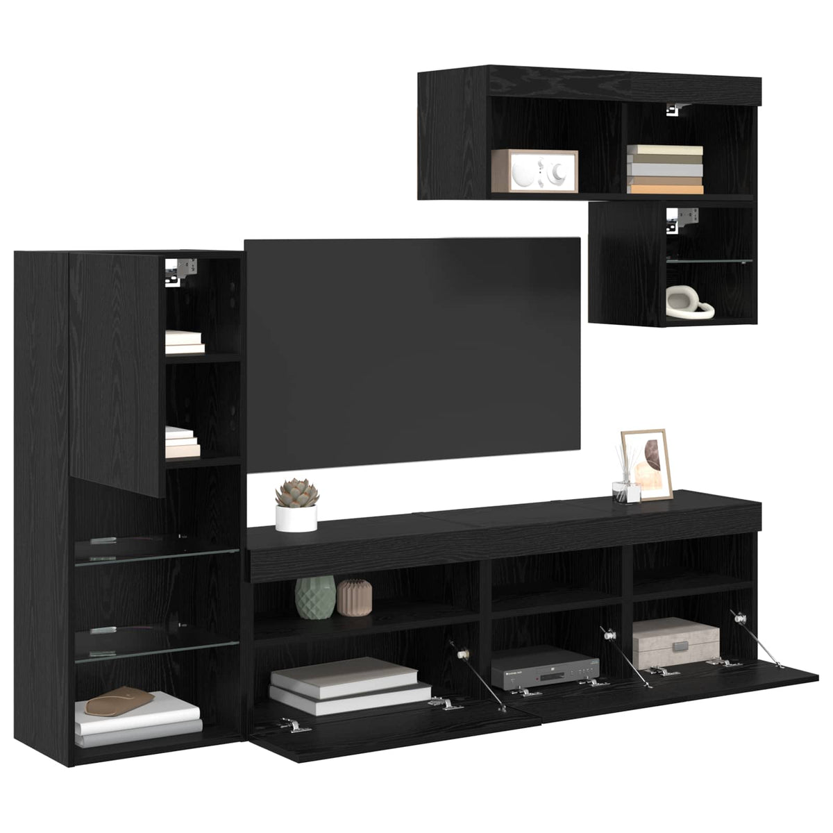 6 Piece TV Wall Units with LED Engineered Wood Black oak