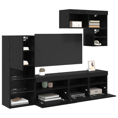 6 Piece TV Wall Units with LED Engineered Wood Black oak