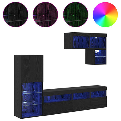 6 Piece TV Wall Units with LED Engineered Wood Black oak