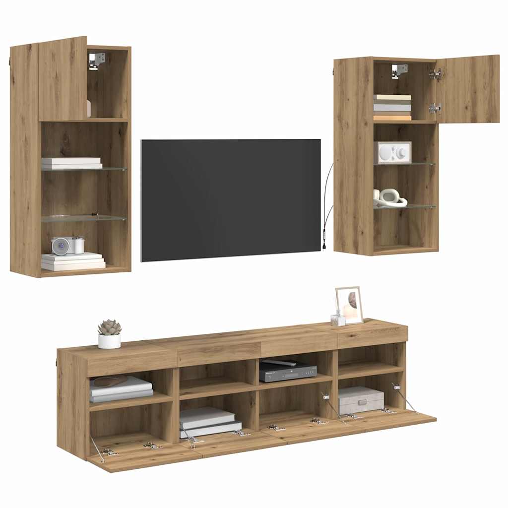 5 Piece TV Wall Units with LED Engineered Wood Artisan oak