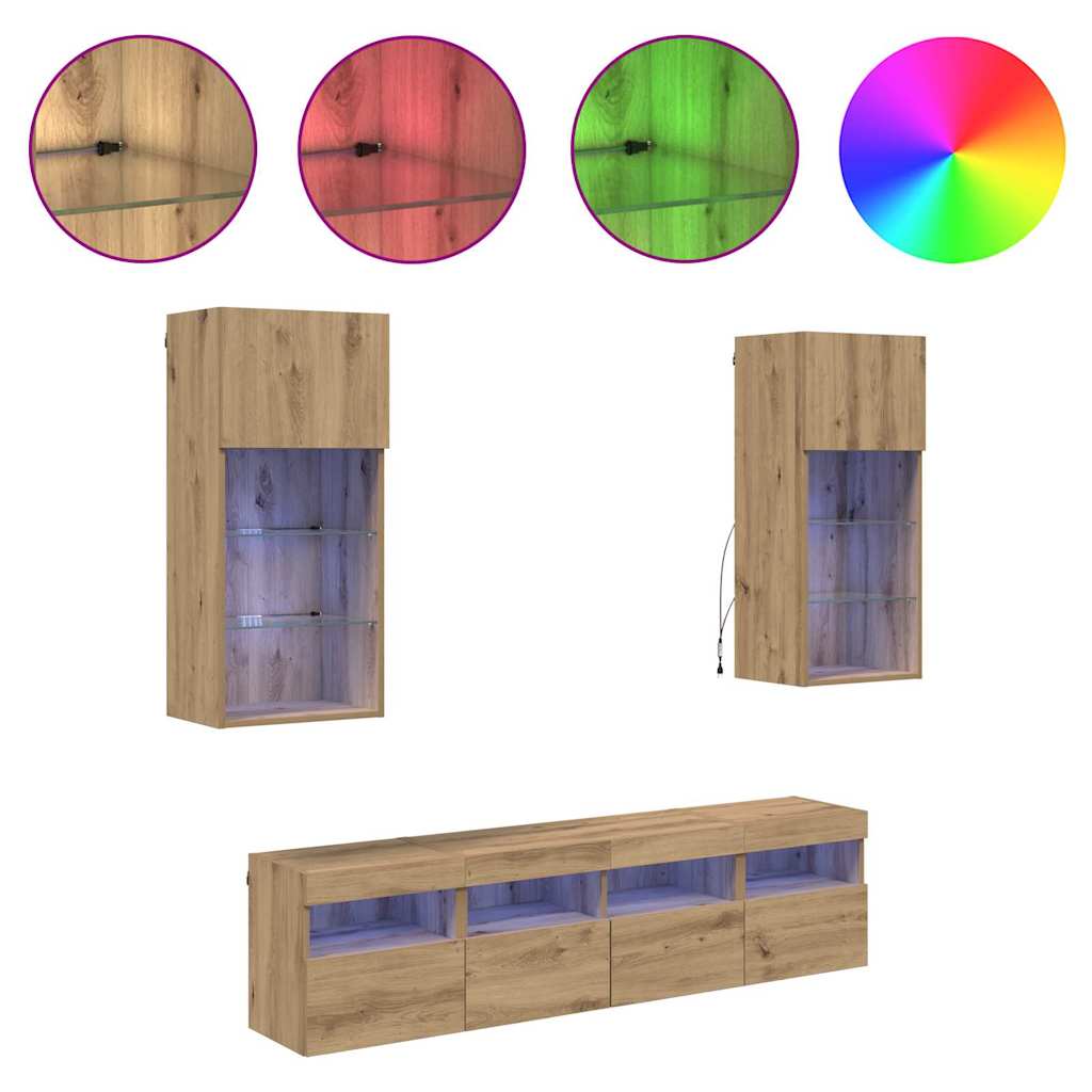 5 Piece TV Wall Units with LED Engineered Wood Artisan oak