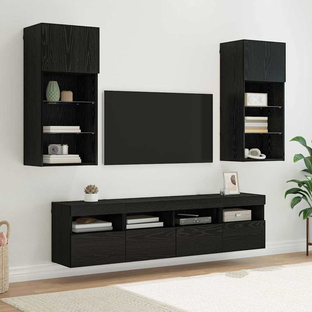 5 Piece TV Wall Units with LED Engineered Wood Black oak