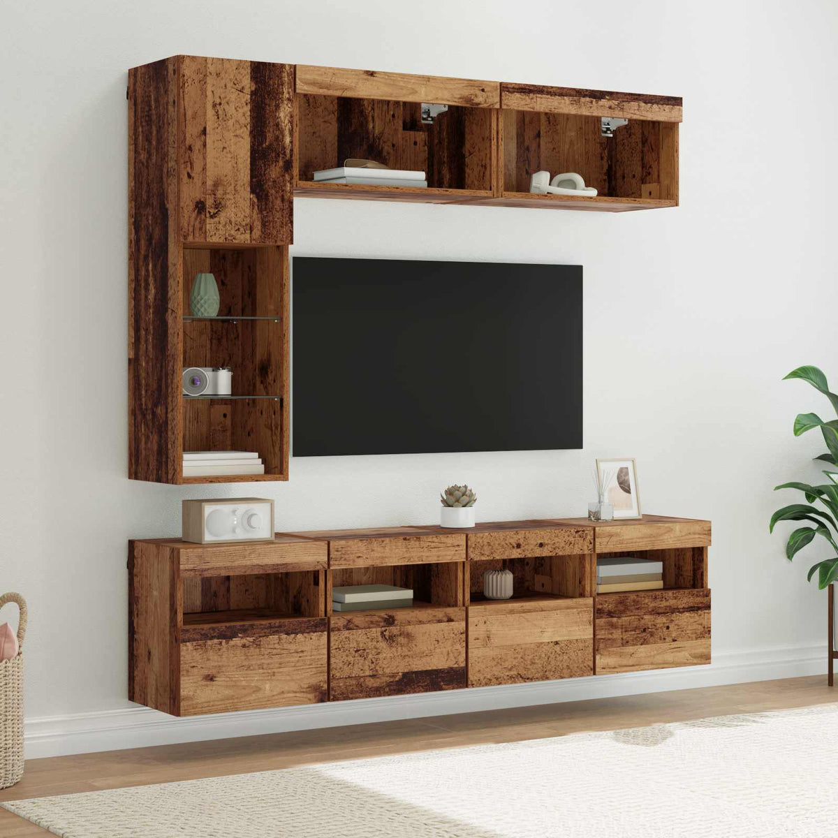 7 Piece TV Wall Cabinet Set with LED Lights Old wood