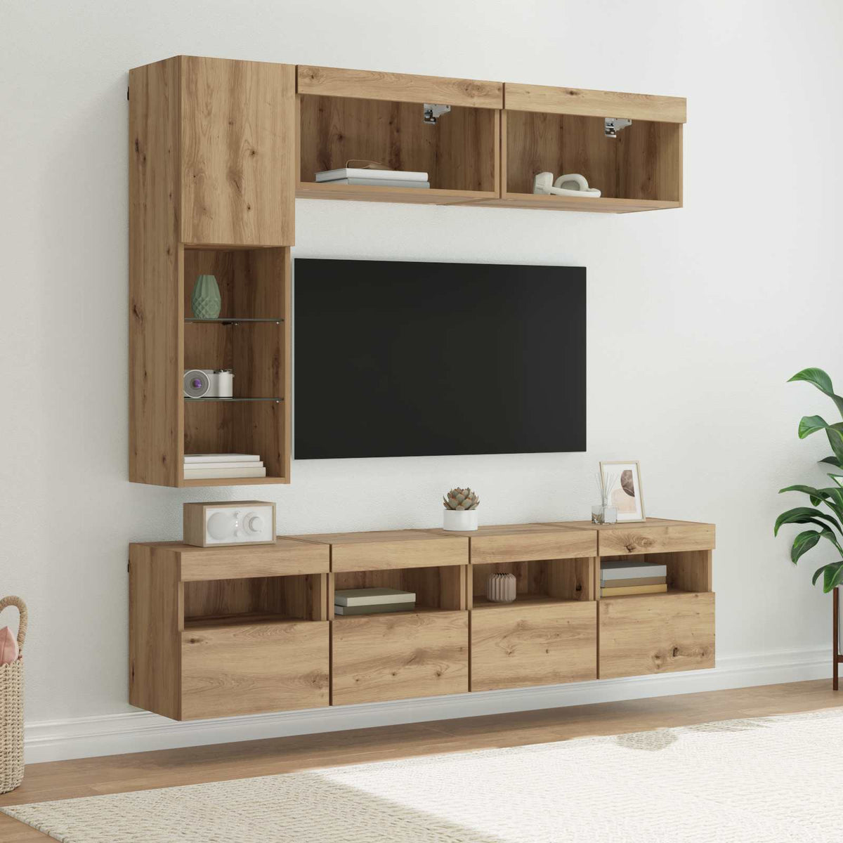 7 Piece TV Wall Cabinet Set with LED Lights Artisan oak