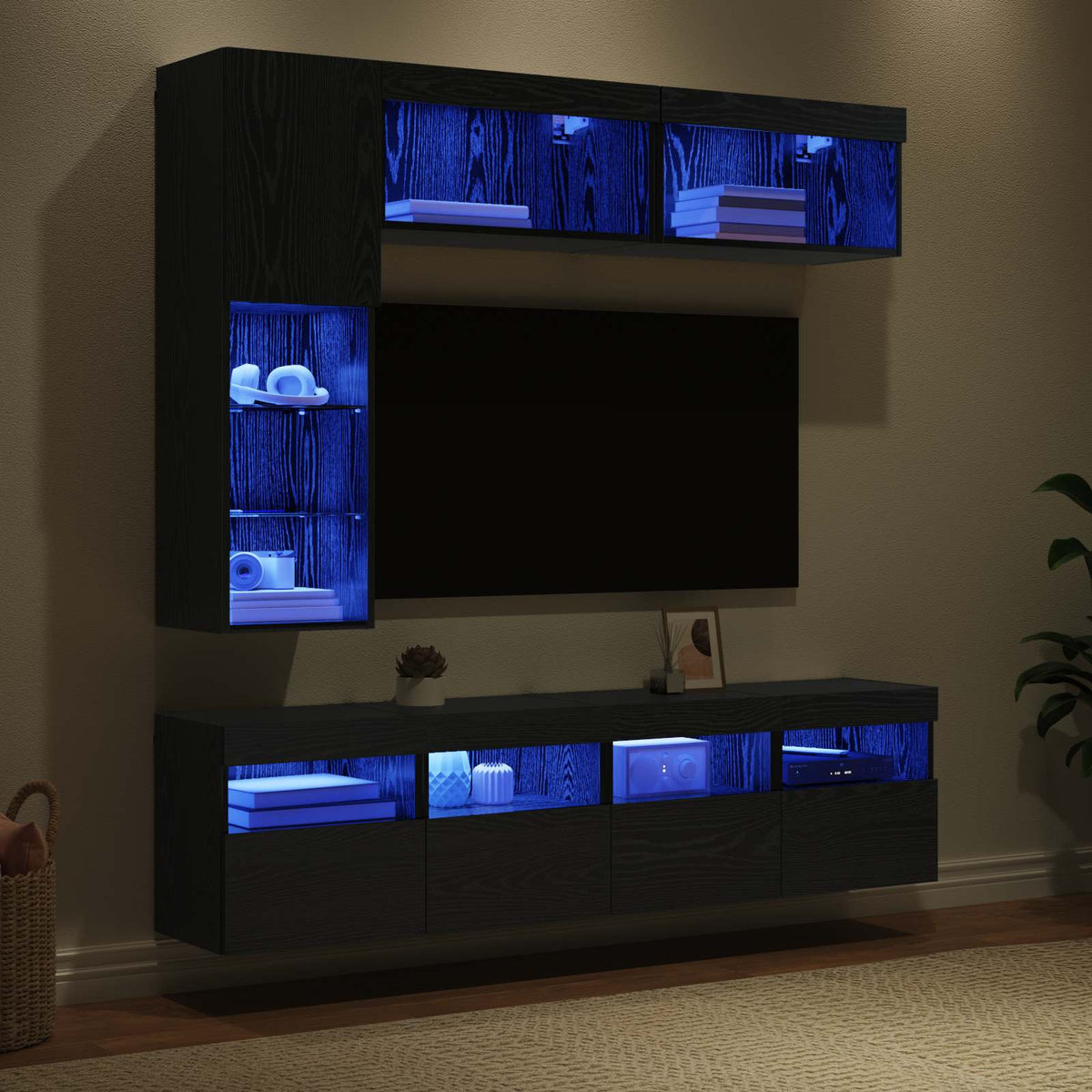 7 Piece TV Wall Cabinet Set with LED Lights Black oak
