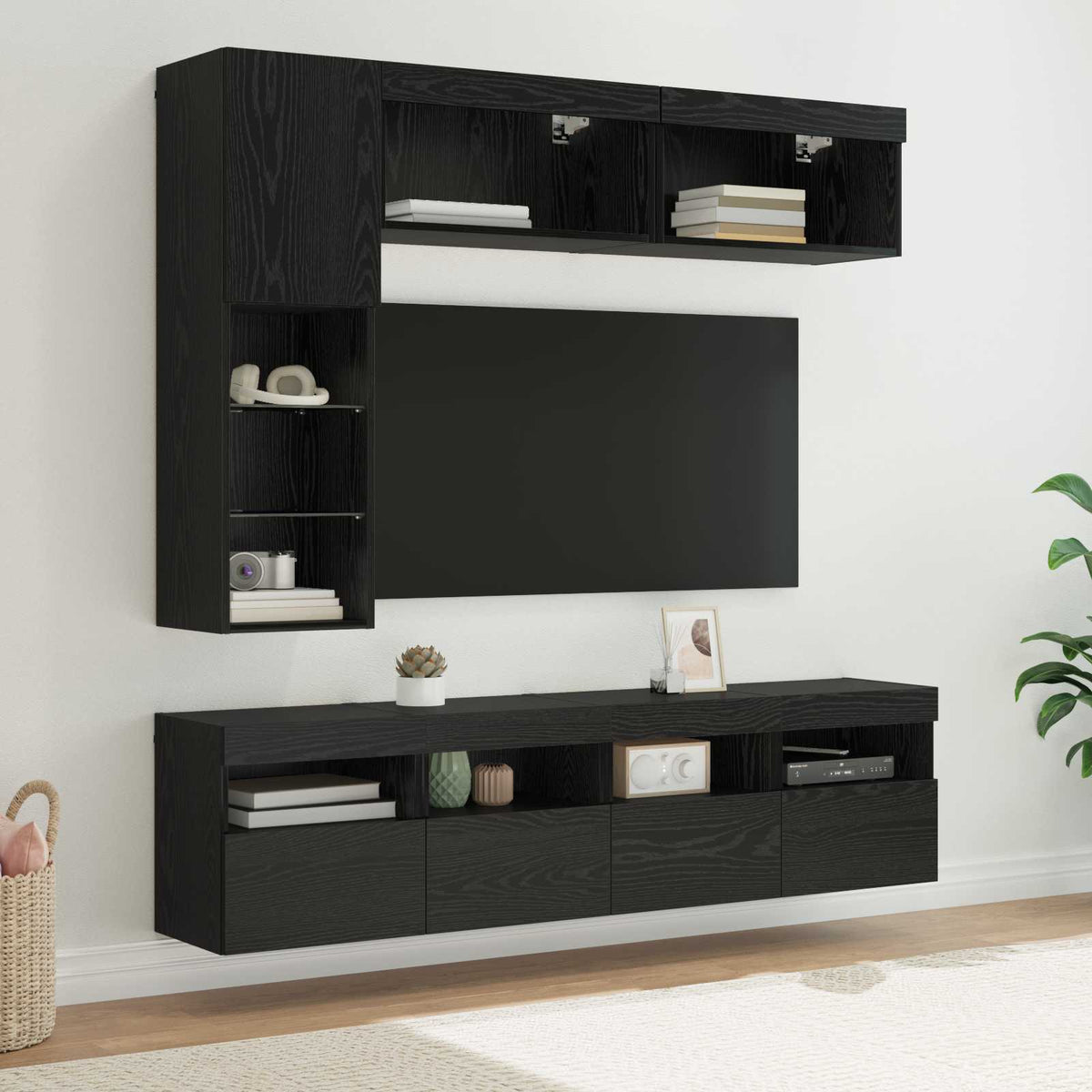 7 Piece TV Wall Cabinet Set with LED Lights Black oak