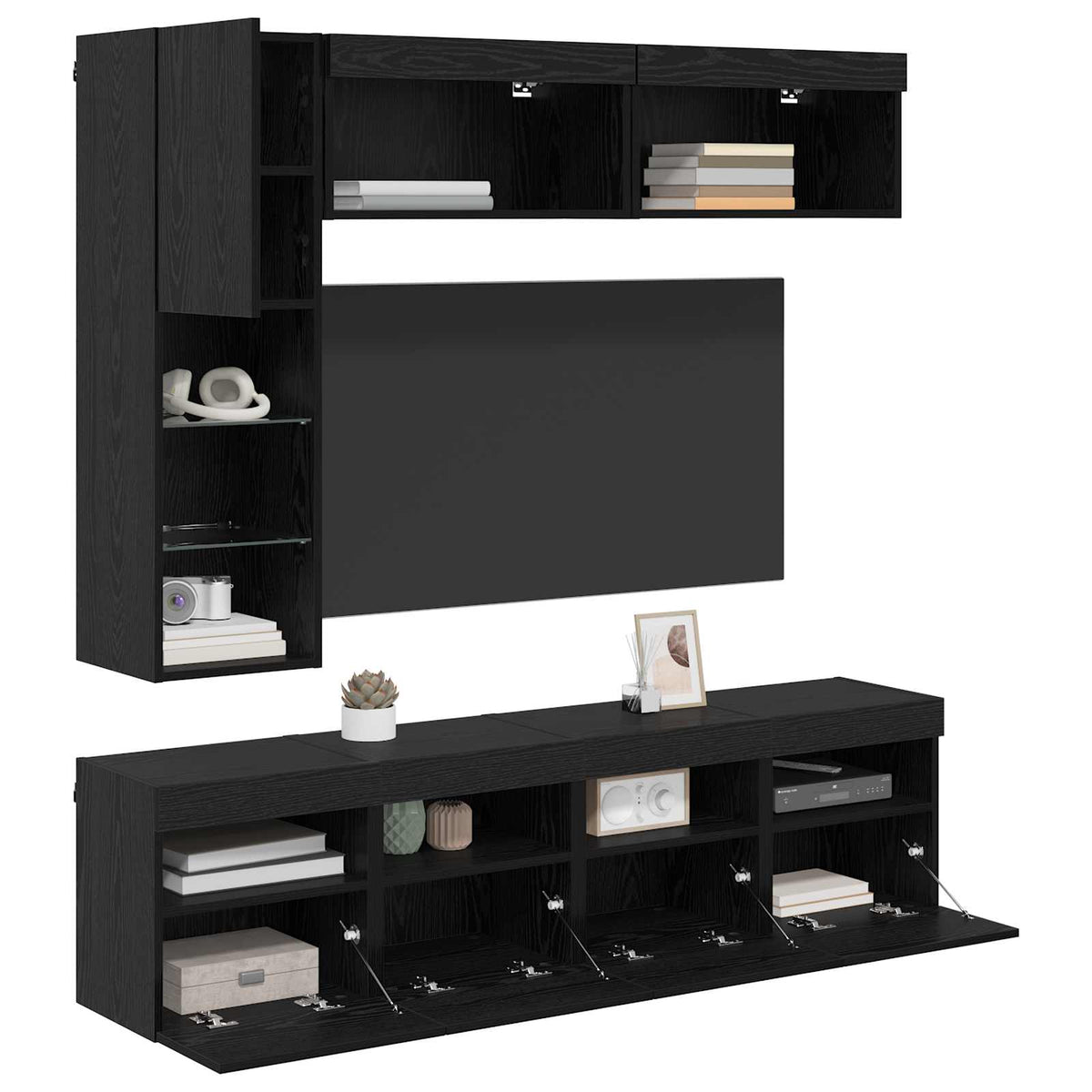 7 Piece TV Wall Cabinet Set with LED Lights Black oak