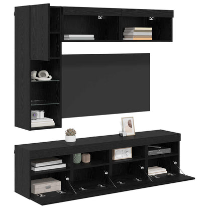 7 Piece TV Wall Cabinet Set with LED Lights Black oak