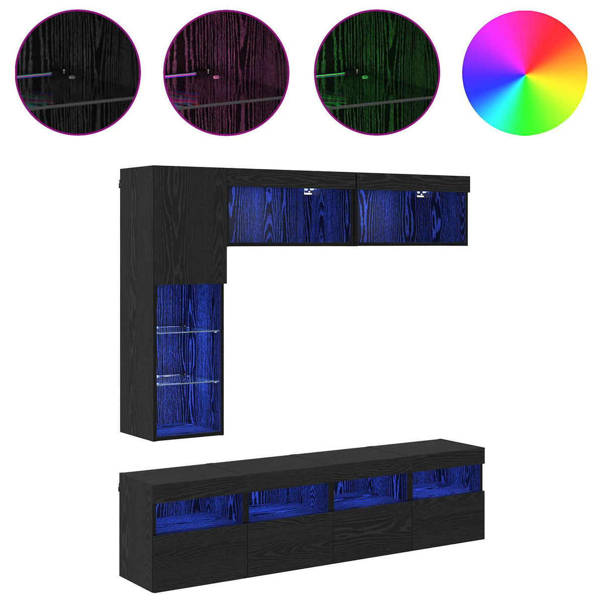 7 Piece TV Wall Cabinet Set with LED Lights Black oak