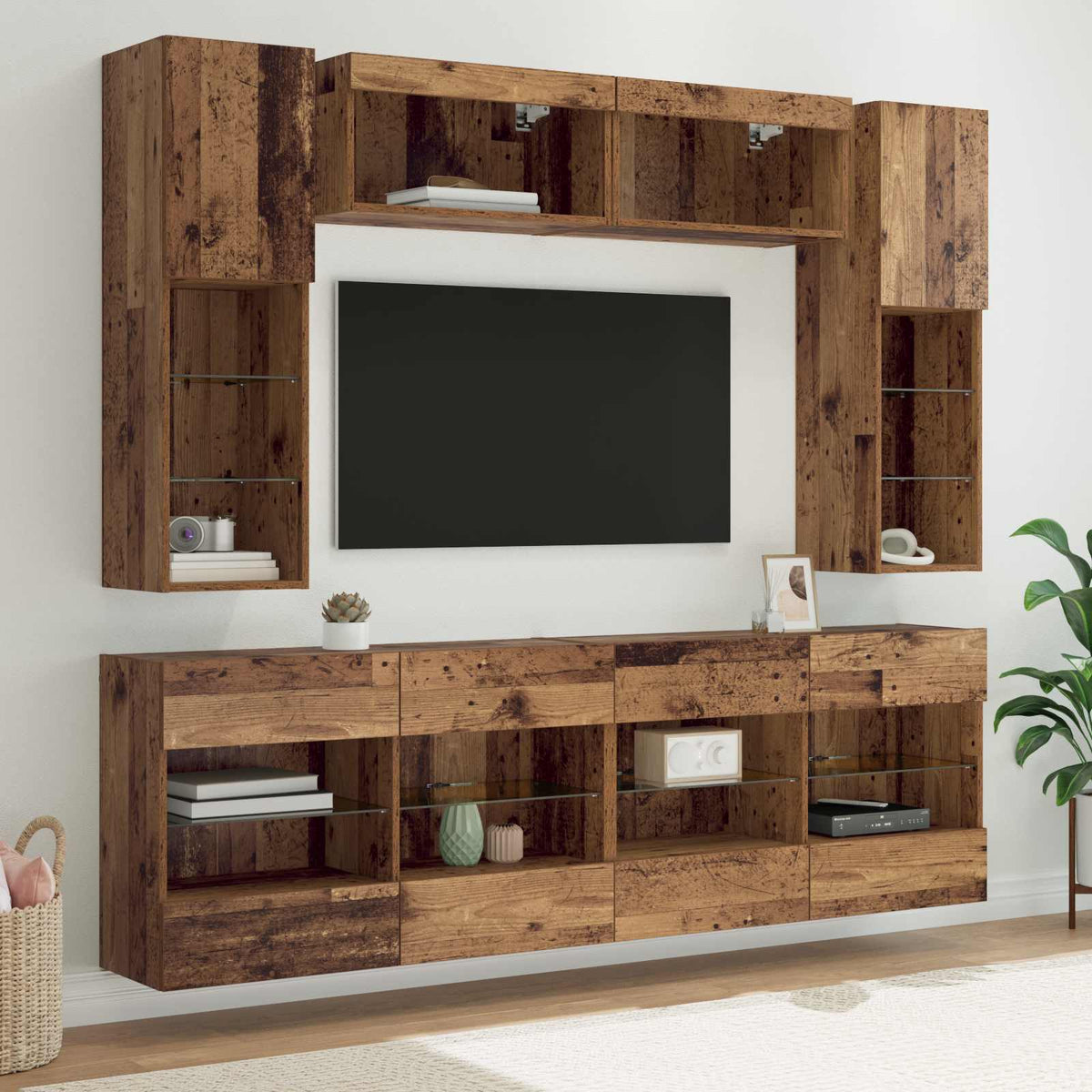 6 Piece TV Wall Cabinet Set with LED Lights Old wood