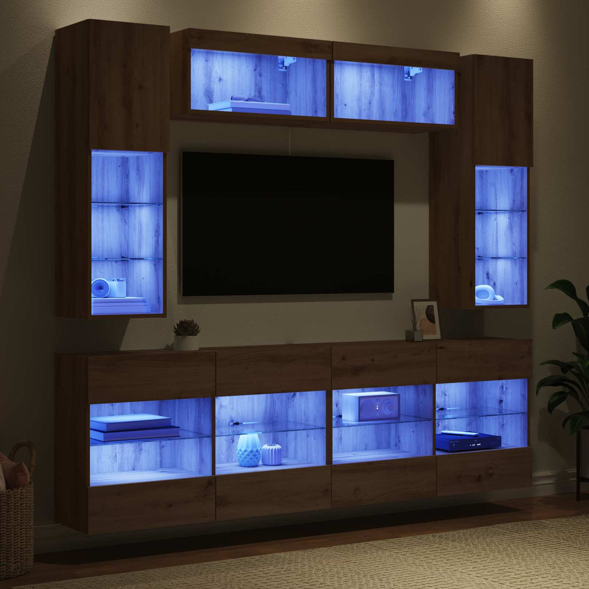 6 Piece TV Wall Cabinet Set with LED Lights Artisan oak