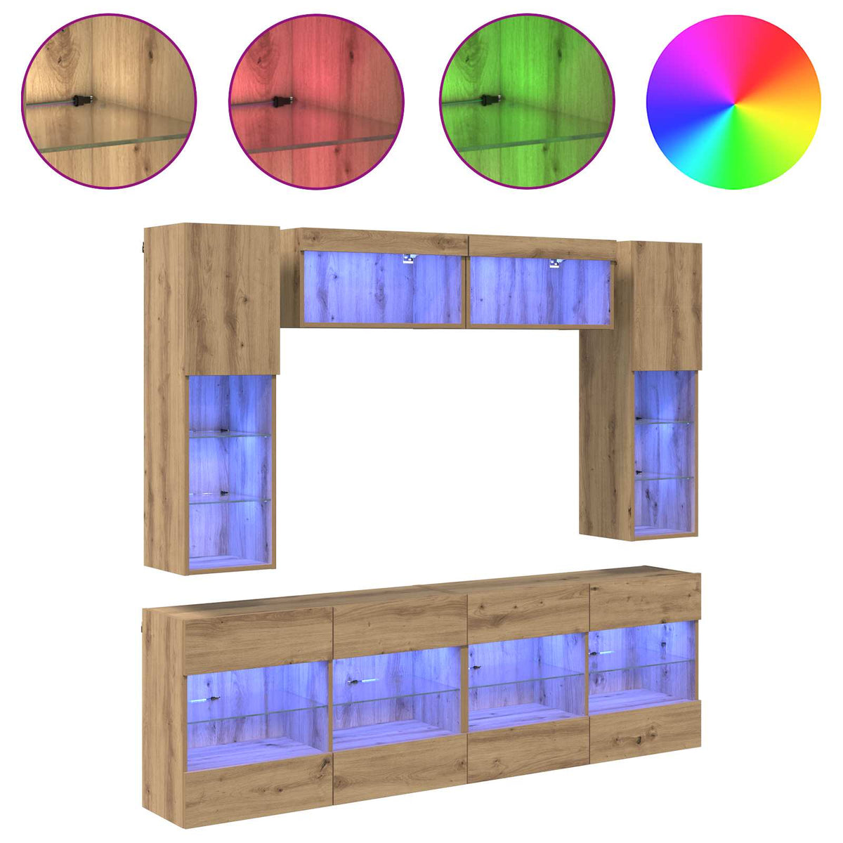 6 Piece TV Wall Cabinet Set with LED Lights Artisan oak