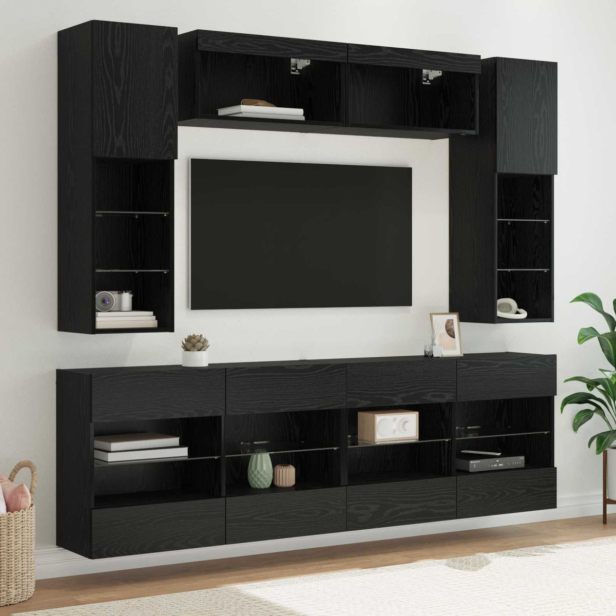 6 Piece TV Wall Cabinet Set with LED Lights Black oak