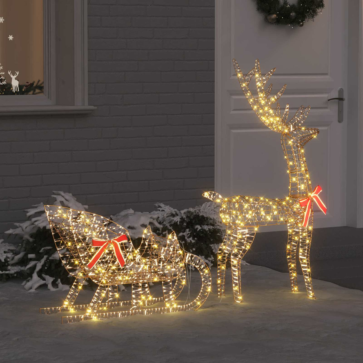 Reindeer Pull Sleigh LOVIISA 2 pcs 200 LEDs Warm White Gold PET