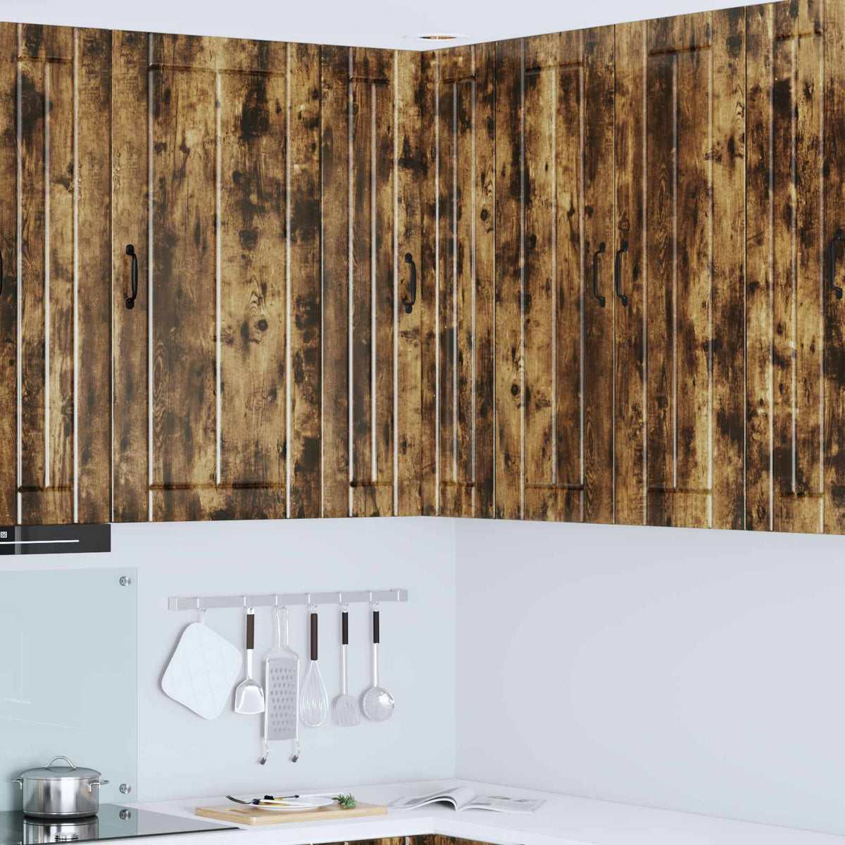 Kitchen Wall Cabinet "Lucca" Engineered Wood Smoked Oak 1x wall corner cabinet 57 cm wide 100 cm high