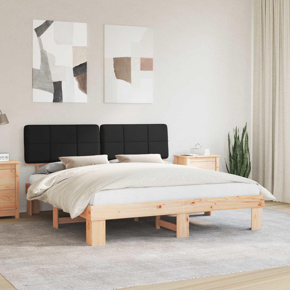 Bed Frame with Upholstered Headboard Black Length 200 cm Natural and Black 200 cm