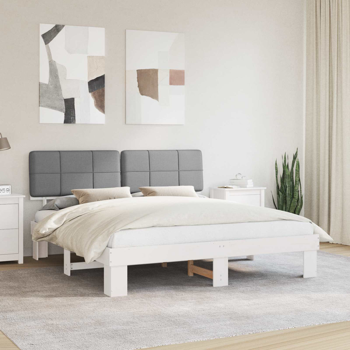 Bed Frame with Upholstered Headboard Length 200 cm White and Light Grey 200 cm