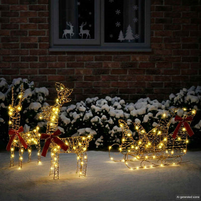 3D Christmas Reindeer with Sleigh LOVIISA 3 pcs Warm White Gold spiral PET