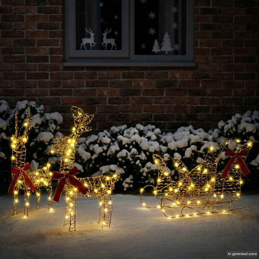 3D Christmas Reindeer with Sleigh LOVIISA 3 pcs Warm White Gold spiral PET