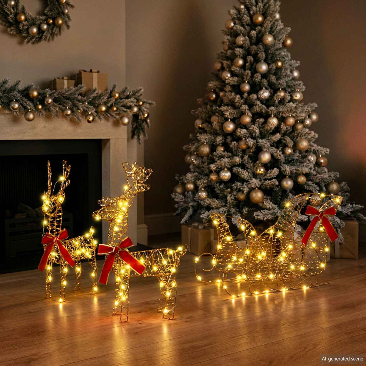 3D Christmas Reindeer with Sleigh LOVIISA 3 pcs Warm White Gold spiral PET
