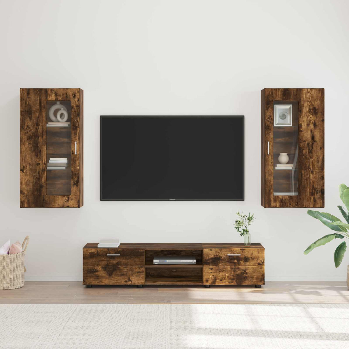 TV Cabinet Set FLORIN 3 pcs 150 x 39 x 30 cm Smoked Oak Wall cabinet +TV cabinet with 2 drawers