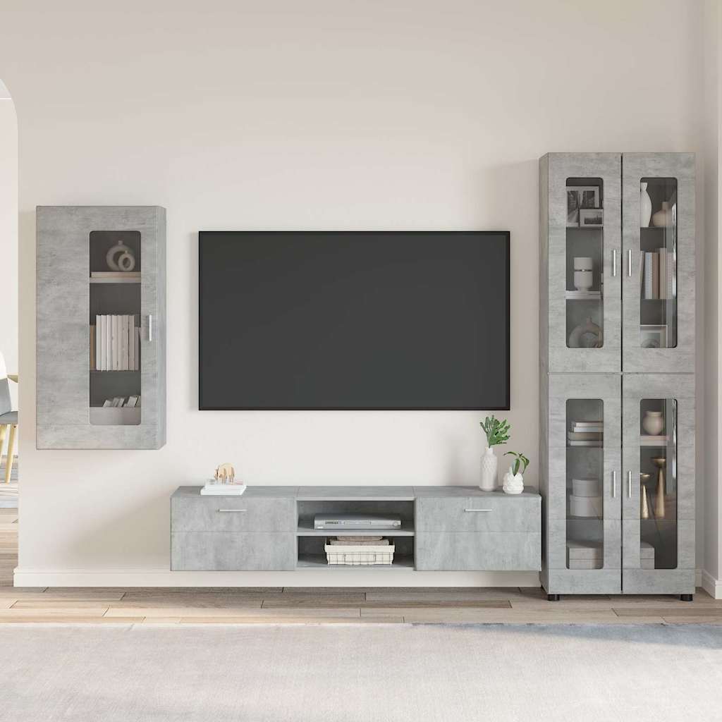 TV Cabinet Set FLORIN 3 pcs 150 x 39 x 30 cm Concrete Grey Wall cabinet +TV cabinet with 2 drawers +Highboard with 4 glass doors