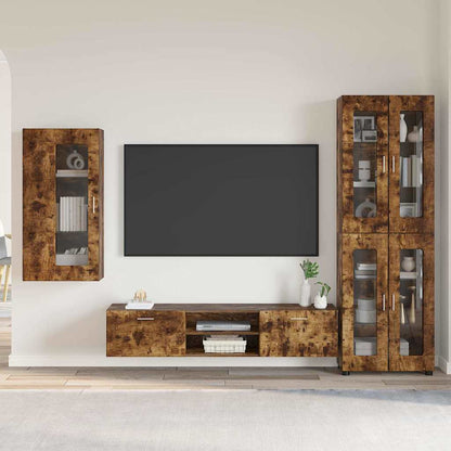 TV Cabinet Set FLORIN 3 pcs 150 x 39 x 30 cm Smoked Oak Wall cabinet +TV cabinet with 2 drawers +Highboard with 4 glass doors