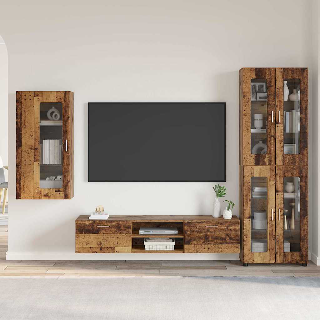 TV Cabinet Set FLORIN 3 pcs 150 x 39 x 30 cm Old Wood Wall cabinet +TV cabinet with 2 drawers +Highboard with 4 glass doors