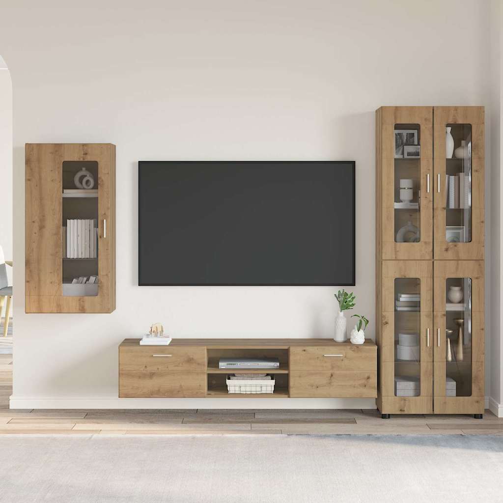 TV Cabinet Set FLORIN 3 pcs 150 x 39 x 30 cm Artisan Oak Wall cabinet +TV cabinet with 2 drawers +Highboard with 4 glass doors