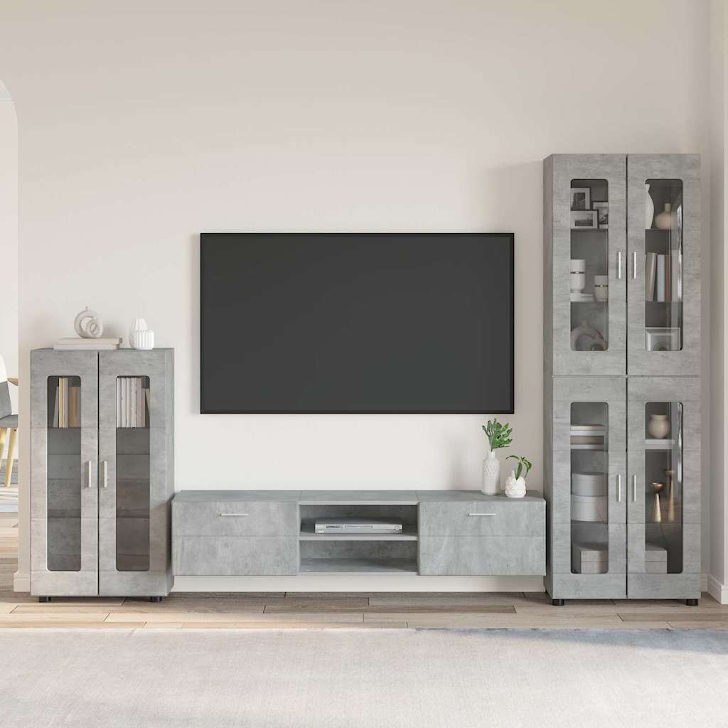 TV Cabinet Set FLORIN 3 pcs 150 x 39 x 30 cm Concrete Grey Freestanding cabinet +TV cabinet with 2 drawers +Highboard with 4 glass doors