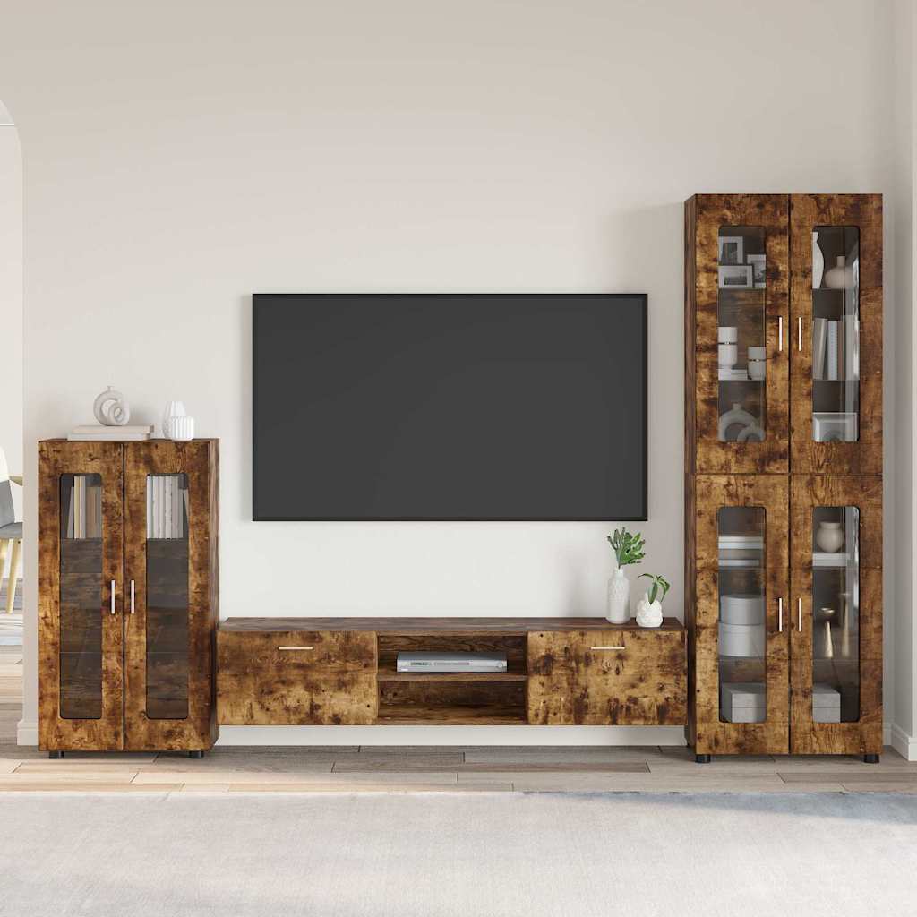 TV Cabinet Set FLORIN 3 pcs 150 x 39 x 30 cm Smoked Oak Freestanding cabinet +TV cabinet with 2 drawers +Highboard with 4 glass doors