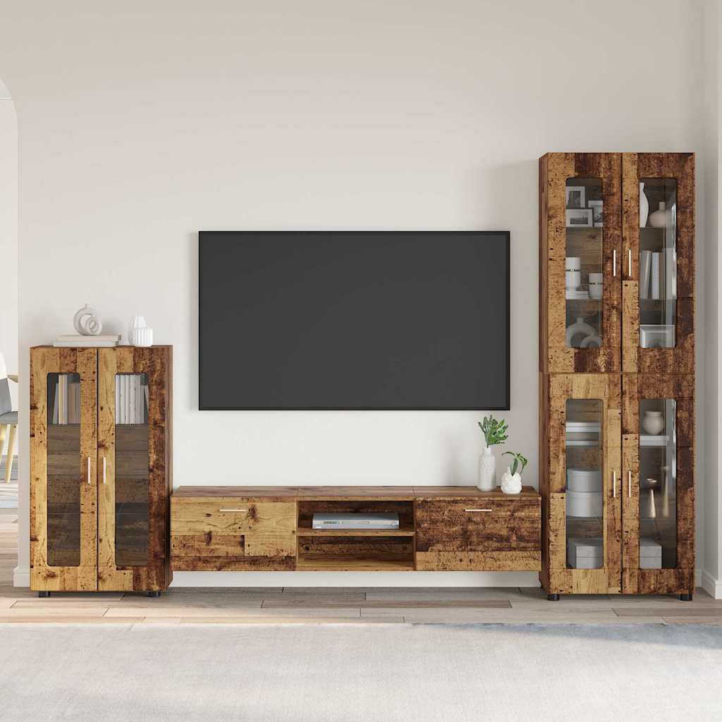 TV Cabinet Set FLORIN 3 pcs 150 x 39 x 30 cm Old Wood Freestanding cabinet +TV cabinet with 2 drawers +Highboard with 4 glass doors