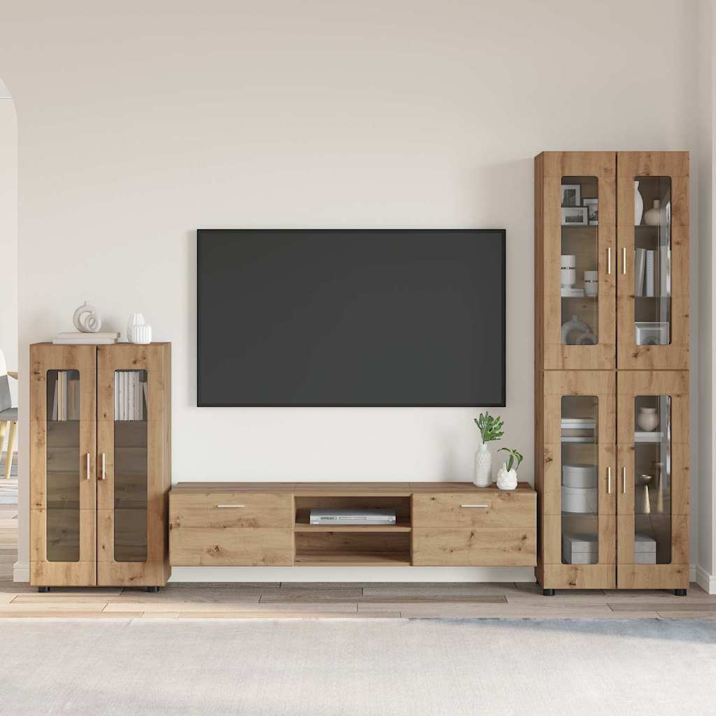 TV Cabinet Set FLORIN 3 pcs 150 x 39 x 30 cm Artisan Oak Freestanding cabinet +TV cabinet with 2 drawers +Highboard with 4 glass doors