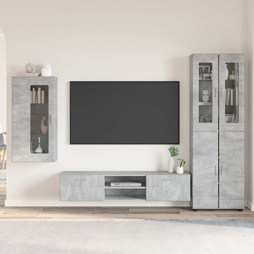 TV Cabinet Set FLORIN 3 pcs 150 x 39 x 30 cm Concrete Grey Wall cabinet +TV cabinet with 2 drawers +Highboard with 2 glass doors