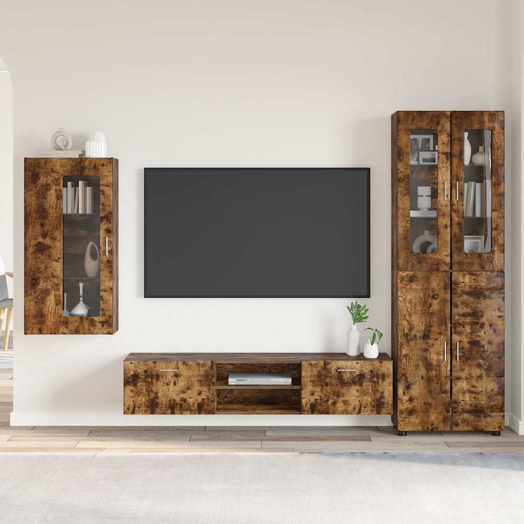 TV Cabinet Set FLORIN 3 pcs 150 x 39 x 30 cm Smoked Oak Wall cabinet +TV cabinet with 2 drawers +Highboard with 2 glass doors